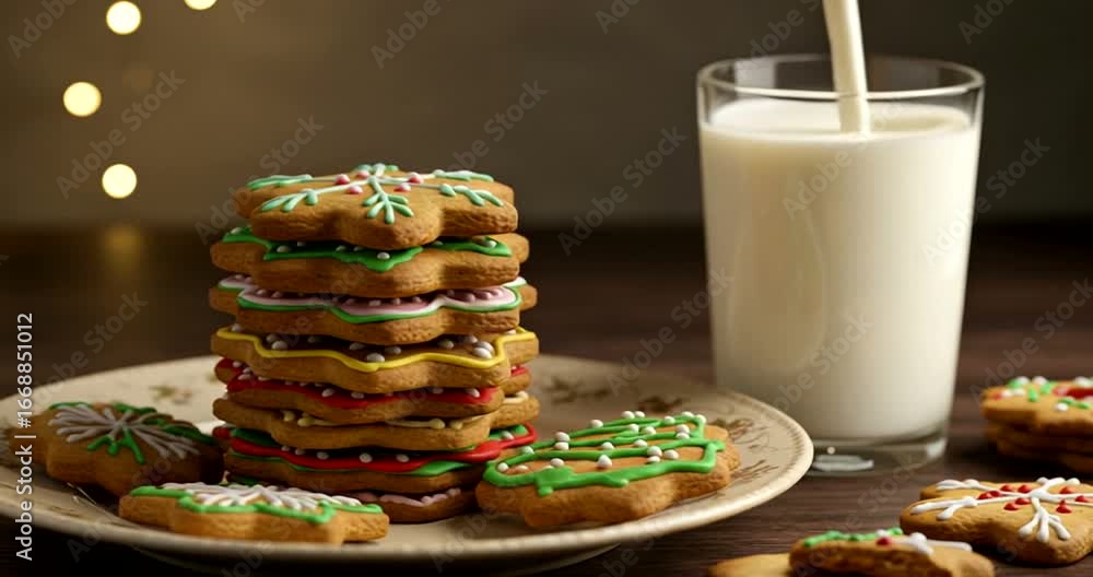Festive cookies stacked on a plate with milk nearby