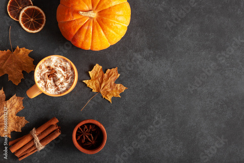 Cozy Autumn Flat Lay with Spiced Latte and Harvest Decor