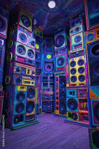 Vibrant, colorful audio equipment stacks fill a room