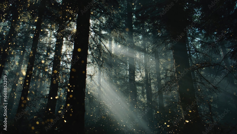 Obraz premium Sunlight streams through a misty forest, filled with golden particles