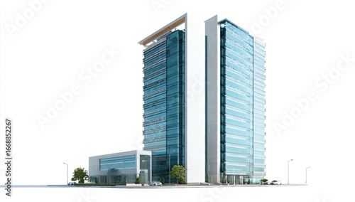 Modern high rise office building with glass facade reflecting the sky in a business district on a sunny day