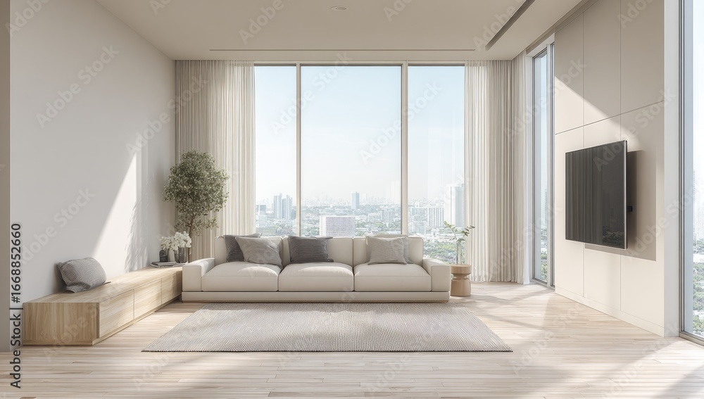 Fototapeta premium Modern minimalist living room with city views