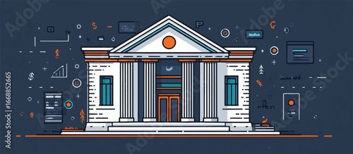 Modern illustration of a bank building financial institution with business symbols and dark blue background representing finance and investment growth