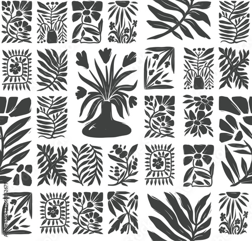 Seamless groovy linocut vector floral pattern with decorative botanical frames