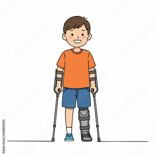 Boy with leg brace walking on crutches and smiling in casual outfit  