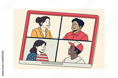 Modern vector of diverse team working remotely together on a virtual video call meeting