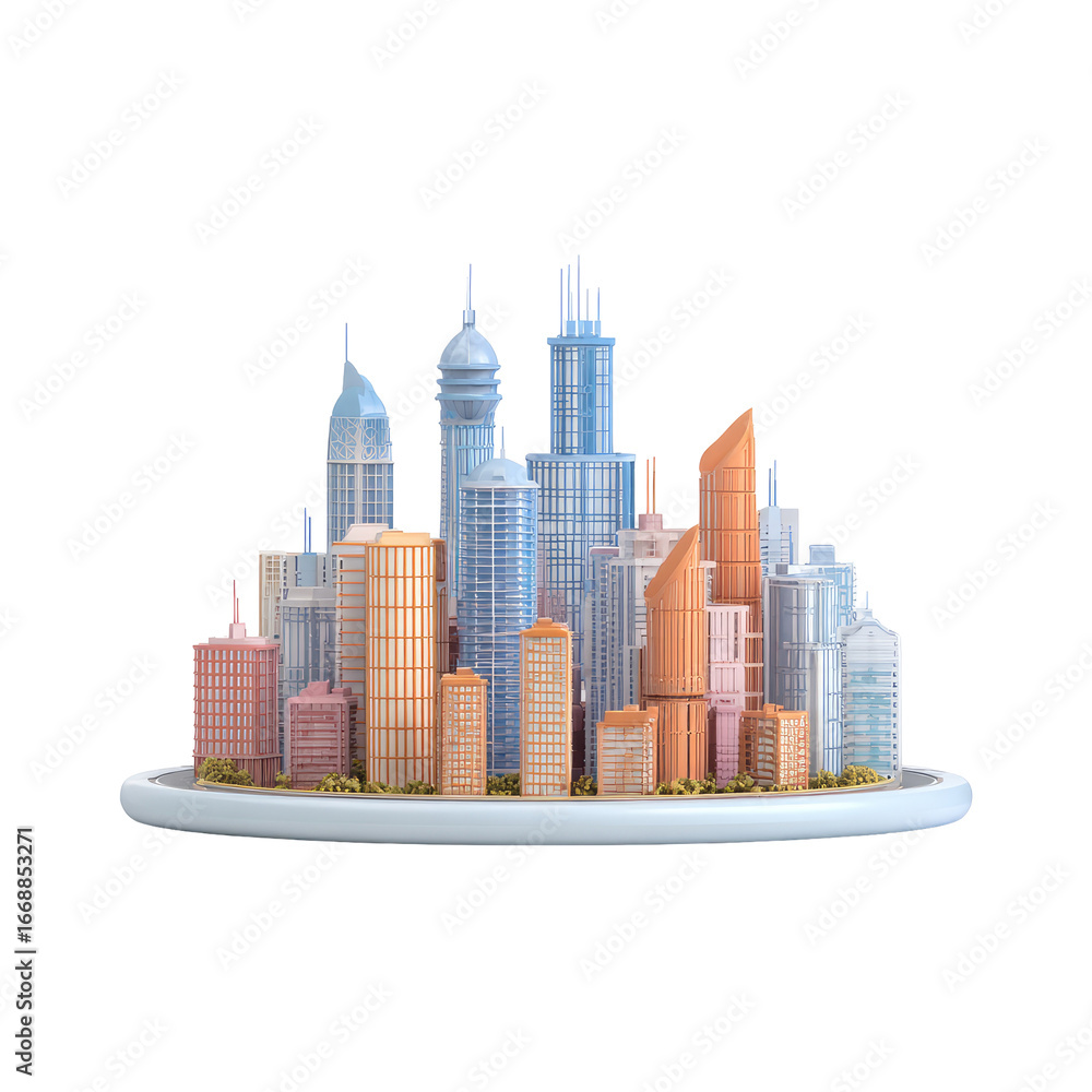 Fototapeta premium Miniature colorful city skyline, set on a small white plate