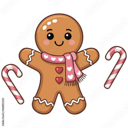 Vector gingerbread man pink scarf hearts isolated vector illustration on white background