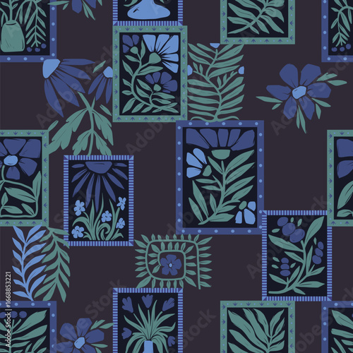 Seamless groovy linocut vector floral pattern with decorative botanical frames