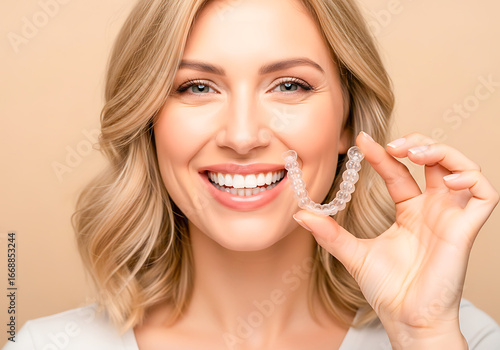 Woman smiling with clear aligners for teeth straightening