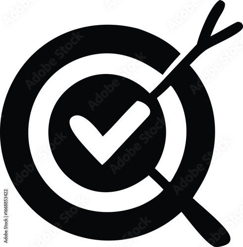 Successful target achieved check mark symbol represents accuracy goal completion and precision with dart hitting bullseye icon for business success