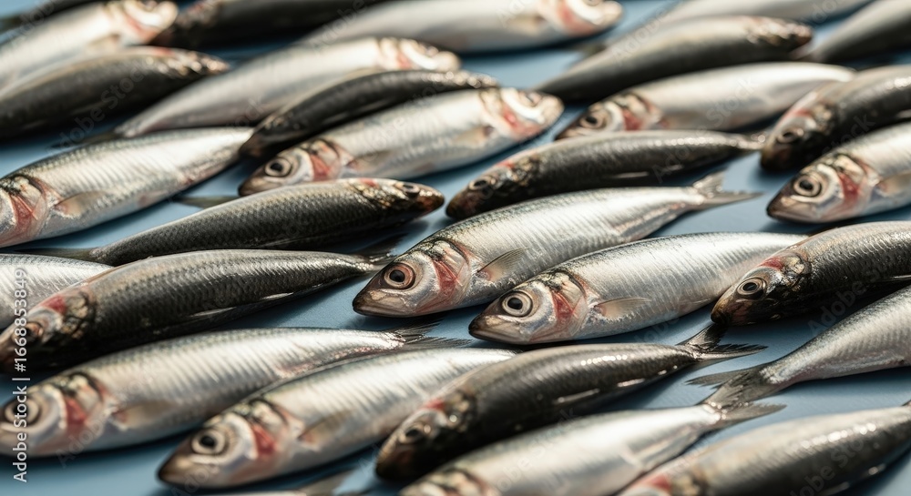 Fototapeta premium Fresh raw sardines arranged on a blue surface. Seafood for healthy eating and culinary illustration. Ingredient concept for cooking.