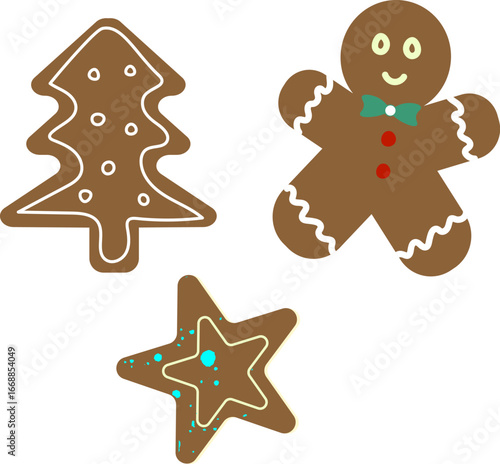 Vector illustration.Three Christmas gingerbread cookies on a white background: a Christmas tree, a gingerbread man, and a star. For holiday cards, souvenirs, and for use in backgrounds and patterns.