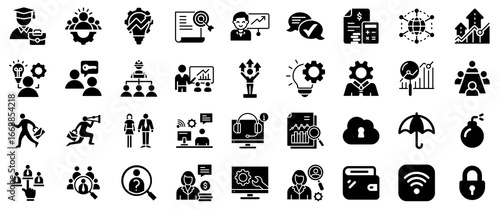 Business and Finance Icons: Growth, Teamwork, Security, and Technology