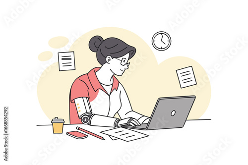 Inclusive technology female programmer with prosthetic arm coding diversity illustration