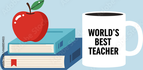 Apple on stack of books next to coffee mug for best teacher  