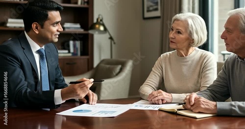 Financial consultation with seniors in modern office setting