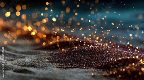A sandy beach with a lot of glitter scattered across it. The glitter is in various sizes and colors, creating a sparkling effect that gives the scene a dreamy and magical atmosphere