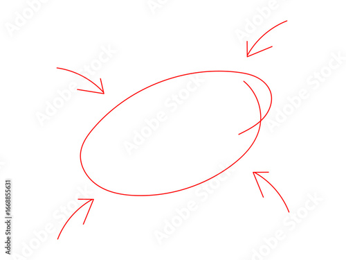 Four red arrows pointing inwards towards a red ellipse on a white background, suggesting convergence or focus.