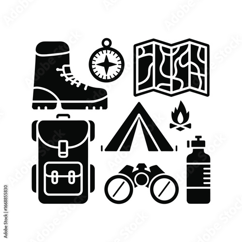 Outdoor adventure gear icons featuring hiking boots backpack tent compass map binoculars and water bottle