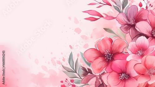 Graceful illustration, hand-drawn floral frame with delicate flowers and leaves in soft pastel colors on white background, empty space.