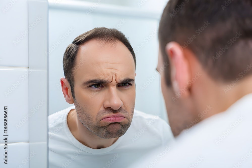 Fototapeta premium Frustrated Man Checking Hair Loss in Bathroom Mirror