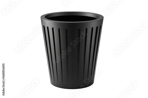 Black, cylindrical trash receptacle with vertical grooves. Empty, on black background