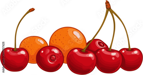 Vector shiny bright red cherries Citrus berries provide healthy vitamins.