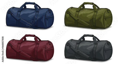 Diverse duffel bags set against white background conveying organized and modern style