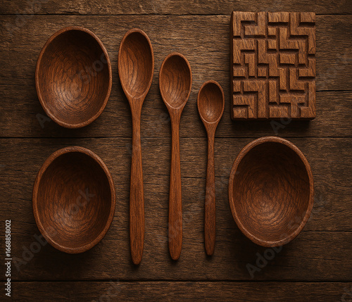 Rustic Wood Kitchenware Still Life Featuring Wooden Bowls Spoons and a Carved Maze on a Wooden Table Top