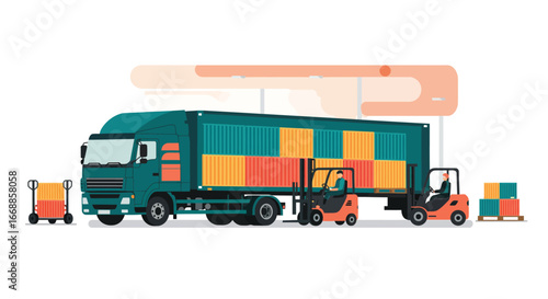 Stylized Flat Vector Illustration of a Vibrant Truck Loading Dock Scene