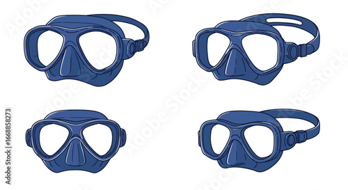 Collection of Blue Dive Masks on White Background, Representing Underwater Exploration