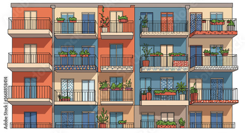 Stylized Apartment Building with Balconies and Colorful Facades in a Urban Style