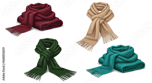 A set of elegantly draped and folded wool scarves on a clear background