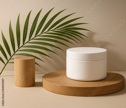 Minimalist Cream Jar Display with Wooden Accents and Tropical Leaf Backdrop for Beauty Product Presentation