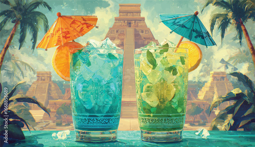 Refreshing cocktails with ice and fruit umbrellas in front of a Mayan pyramid perfect vacation destination art illustration