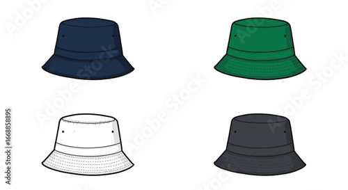 Four bucket hat variations displayed with elegance and clear background focus