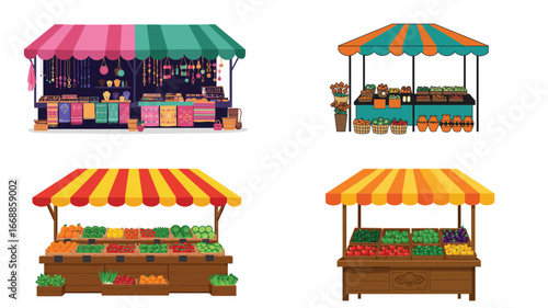 Vibrant market stalls vector illustration showcasing diverse vendor offerings