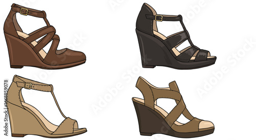 Four stylized wedge heel sandals displayed against a clean white backdrop