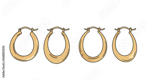 Elegant arrangement: four golden hoop earrings displayed on clean white backdrop