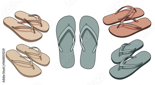Colorful flip-flops arranged in a stylish minimalist composition, footwear summer vibes