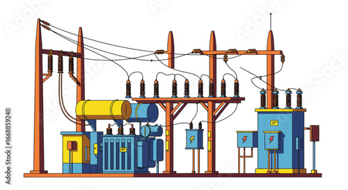 Stylized flat vector illustration of a vibrant electrical substation building
