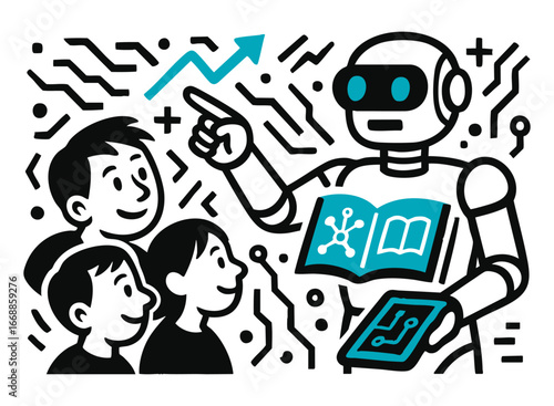 Robot Teacher Guide – Futuristic AI Mentor Illustration.