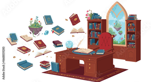 Enchanting wizard's study with levitating books and magical floating islands view
