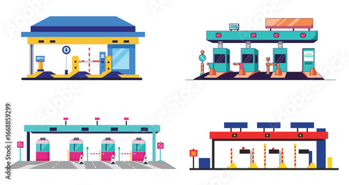 Varied illustrations of toll gate plazas conveying journey and infrastructural efficiency