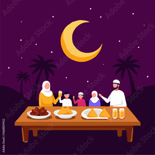 Muslim family celebrating iftar under a crescent moon and stars