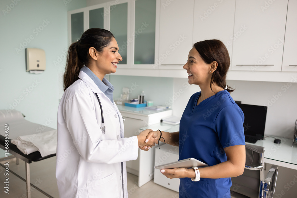 Fototapeta premium Two happy diverse female medical colleagues getting agreement