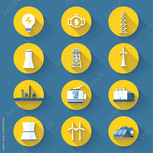 Renewable and Non Renewable Energy Sources in a Flat Design Style on a Blue Background