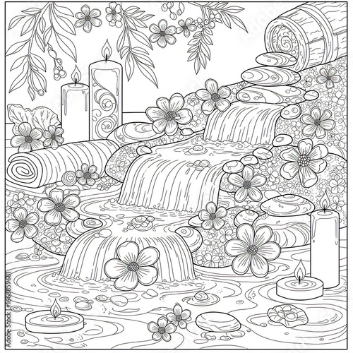 Black-and-white line art of a spa scene with candles, flowers, and flowing water, serene coloring page