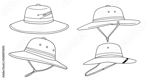 Collection of safari hats in various styles showcasing travel and adventure themes